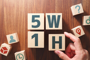 The word "5W1H". Thinking about business plan. Putting wood cubes with alphabets and icons. Top view of wood table.