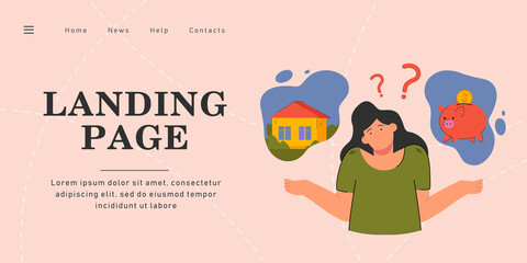 Naklejka premium Girl choosing between saving money or buying house. Female person making decision flat vector illustration. Saving and spending, finance concept for banner, website design or landing web page