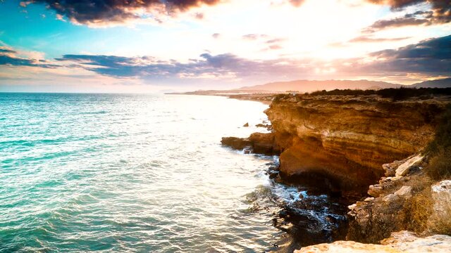 Spanish coast, shoreline with cliffs. Seaside landscape, Mediterranean region of Mazarron, Sierra de las Moreras in Murcia, Spain