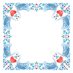 Watercolor composition of a square shape of swans and hearts