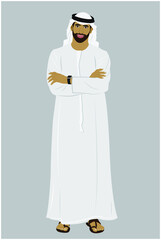 Portrait vector illustration of a Man in United Arab Emirates traditional dress, arms crossed wearing a smart watch on grey background