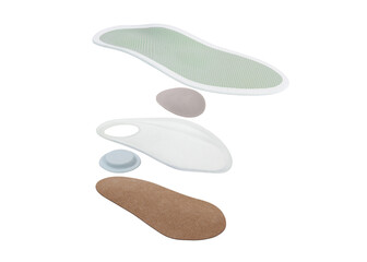 Medical insoles. Isolated orthopedic insoles on a white background. Treatment and prevention of flat feet and foot diseases. Foot care. Insole cut away layers.