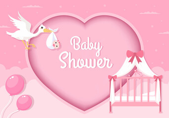Baby Shower Little Boy or Girl with Cute Design Stork, Cloud Background Illustration for Invitation and Greeting Card