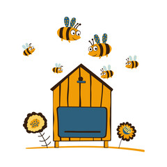 Vector apiary, bees, flowers. Flying bees. White background.
