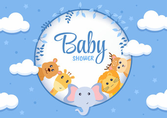 Fototapeta na wymiar Baby Shower Little Boy or Girl with Cute Jungle Animals Design Background Vector Illustration Suitable for Invitation and Greeting Card