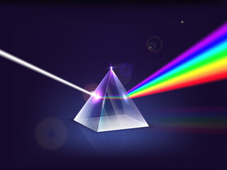 Realistic Detailed 3d Prism Light Spectrum . Vector illustration of Glass Pyramid Refraction of Light Rays on a Dark - obrazy, fototapety, plakaty