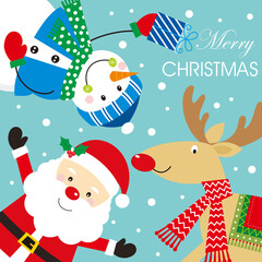 christmas card with santa, snowman and reindeer