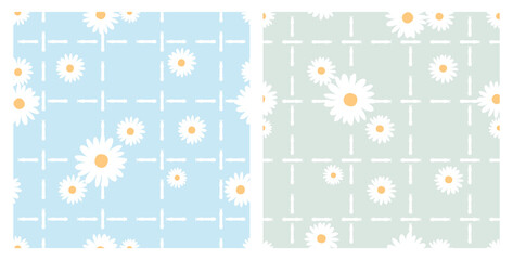Seamless pattern with daisy flower on blue and green  background vector. © Thanawat