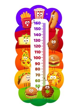 Cartoon street food, kids height chart growth measure ruler. Vector meter scale with fast food characters burger and hot dog, tacos and donut, chicken leg and pizza with cheesecake, popcorn or fries