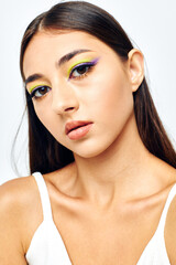 attractive girl white t shirt hand gestures charm light background unaltered