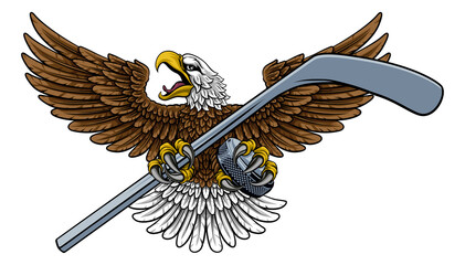 Bald Eagle Hawk Ice Hockey Mascot Stick and Puck