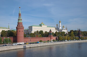 View of the Moscow Kremlin and the Kremlin Embankment on an autumn sunny day, Russia