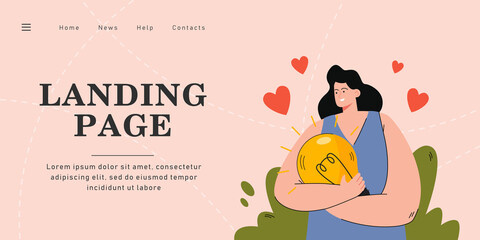 Happy woman holding light bulb with both hands. Flat vector illustration of girl having great idea about romantic relationship. Hearts in background. Love, solution concept.