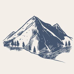 Hand drawn of Mountain with pine trees and black landscape on white background. Hand drawn rocky peak in sketch style.
