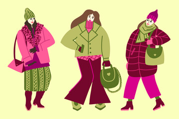 Set of illustrations of three girls in winter casual clothes. Women in high boots, knitted skirt, fur coat, down jackets, leather jacket, flared jeans and scarf