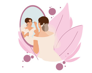 A young and beautiful bride does makeup near the mirror. Morning of the bride. Flat vector illustration
