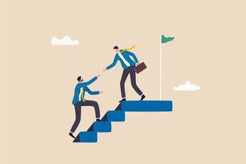 Ethical leadership help colleague to succeed and reach goal achieve target, mentorship, support or help for career success concept, businessman leader help employee climb to target at top of stair. - obrazy, fototapety, plakaty