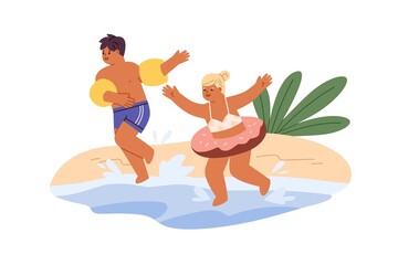 Happy kids having fun in water. Children in swim ring and inflatable sleeves on summer holidays. Boy and girl rejoicing on beach in summertime. Flat vector illustration isolated on white background
