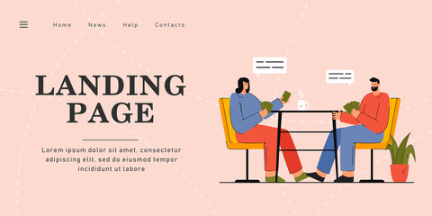 Happy man and woman sitting at table and playing cards. Couple drinking tea at home, having good time together flat vector illustration. Friendship, game, leisure activity concept