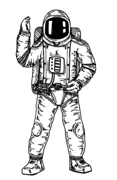 Hand drawn Astronaut with black glass on the helmet isolated on white background. Spaceman. Astronaut with his hand raised in greeting. Sketch Design illustration