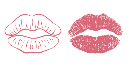 Obraz premium Lipstick kiss print and Lips icon isolated. Lips symbol set. Mouth shape.
