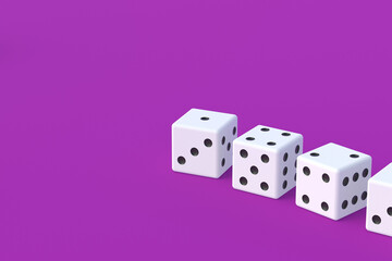 Board games. Addiction to gambling. Casino games. Random winnings. Jackpot. Leisure entertainment for the whole family. Row of dice cubes on violet background. Copy space. 3d render