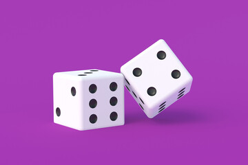 Board games. Addiction to gambling. Casino games. Random winnings. Jackpot. Leisure entertainment for the whole family. Two dice cubes on violet background. 3d render