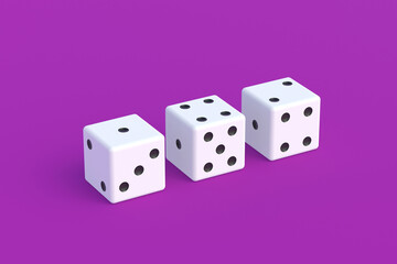 Board games. Addiction to gambling. Casino games. Random winnings. Jackpot. Leisure entertainment for the whole family. Three dice cubes on violet background. 3d render
