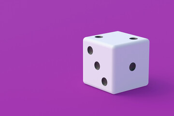 Board games. Addiction to gambling. Casino games. Random winnings. Jackpot. Leisure entertainment for the whole family. Dice on violet background. Copy space. 3d render