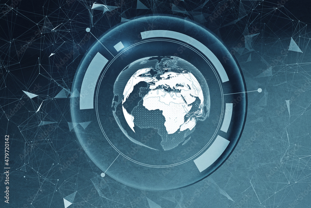 Poster glowing polygonal globe on blurry blue background. technology, innovation and futuristic network con