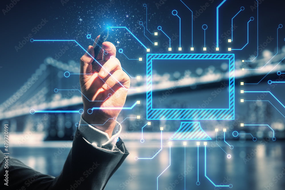 Poster Close up of man hand pointing at abstract glowing computer monitor chip and circuit hologram on blurry night city background. Technology, information and internet concept. Double exposure.