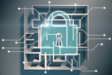 Abstract padlock chip hologram on maze background, Solution, choice and protection concept. Double exposure.