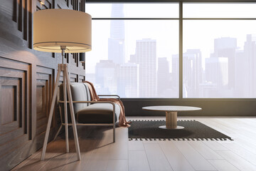 Side view of wooden living room interior with couch, lamp, coffee table, carpet and window with city view. 3D Rendering.