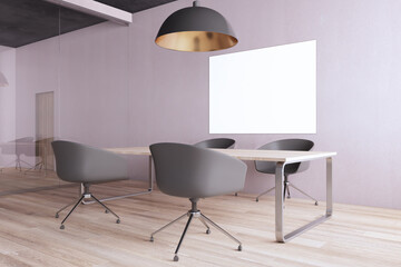 Contemporary office interior with mock up poster on concrete wall, lamp, wooden flooring, desk, chairs and reflections on glass. 3D Rendering.