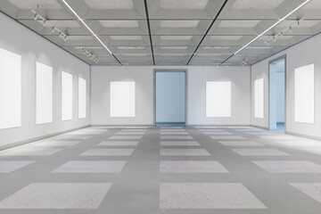 Light concrete gallery interior with empty white mock up posters. 3D Rendering.