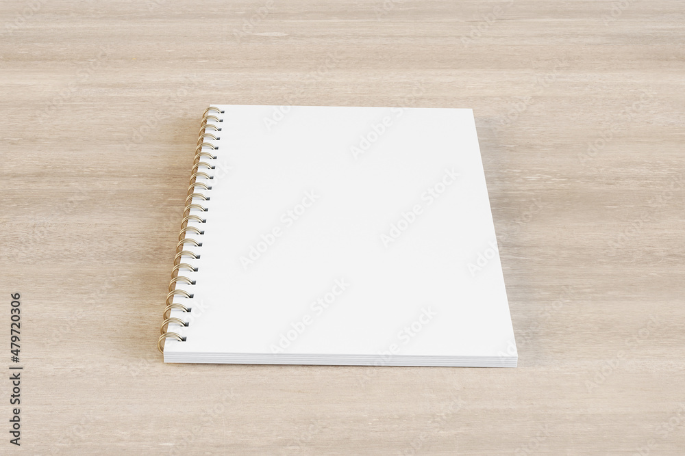 Aufkleber close up of blank white spiral notepad on wooden desktop background. mock up, 3d rendering.