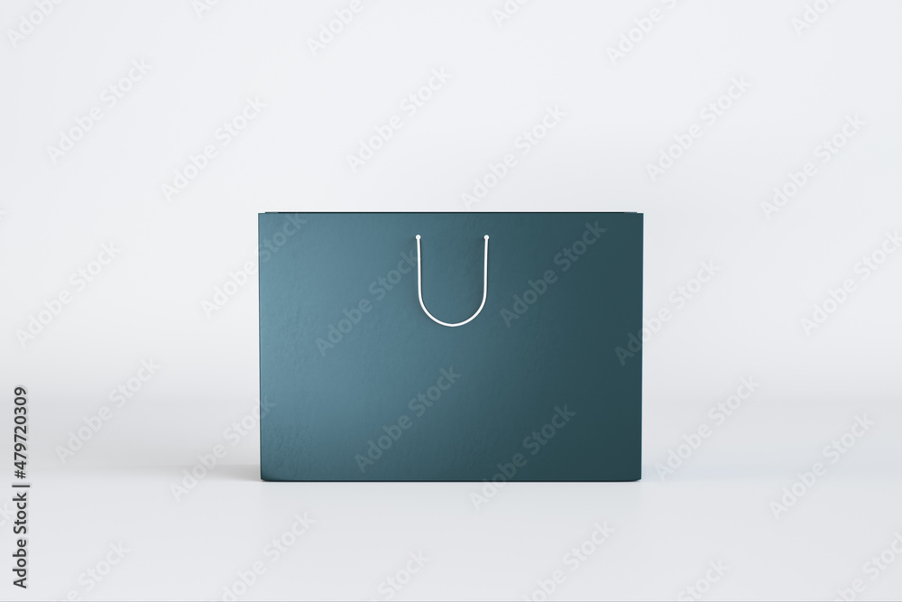 Poster Empty blue shopping bag on light background with mock up place. Purchase and commerce concept. 3D Rendering.