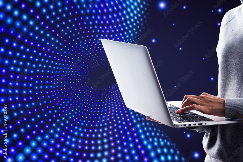 Poster Close up of hands using laptop computer on creative big data flow background. Technology, cyberspace, science and digital stream concept.