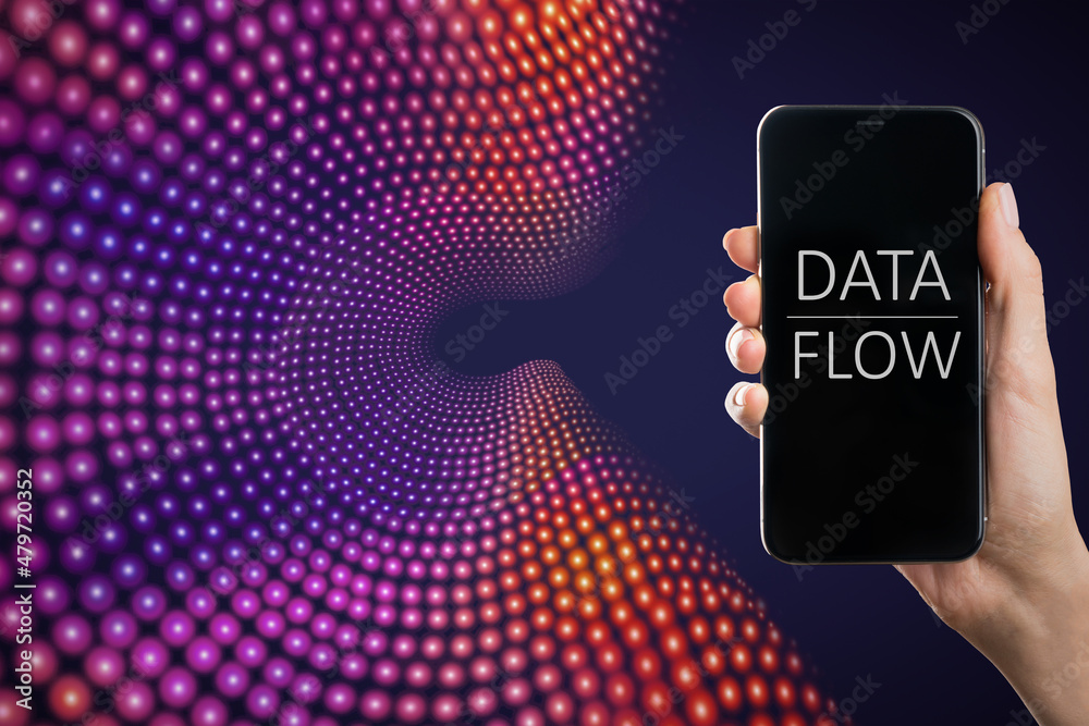 Poster close up of hand holding smartphone with text on screen on creative big data flow background. techno