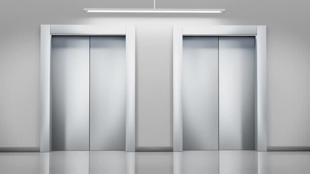 Lift doors, passenger or service closed elevators in empty hallway with grey walls. Building hall interior with metal silver gates, indoor transportation in office, house or hotel, 3d render animation