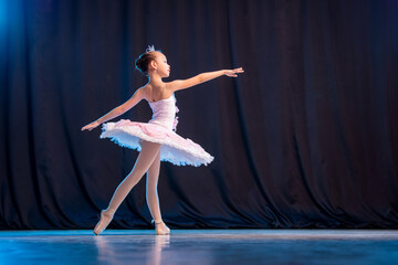 little girl ballerina is dancing on stage in white tutu on pointe shoes classic variation.