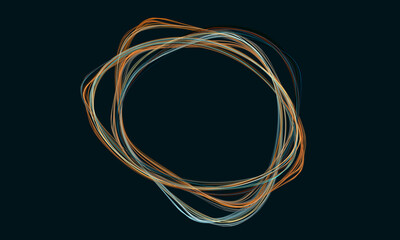 Minimal simple digital 3d wires fluttering in dynamic round frame. Graphic concept of sound vibration or resonance. Blue orange threads on dark background. Great as stylish element, cover, art print.