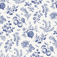 Fruit, bessen en bloemen. Herfst naadloze patroon. Vintage vectorillustratie. Blauw en wit