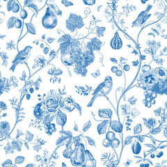 Seamless pattern. Fruit and flowers. Chinoiserie inspired. Vector vintage illustration. Blue and white - 479720931