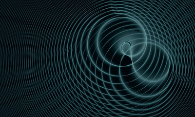 3d concept of sound loop, music or audio vibration. Mesmerizing space distortion in deep dark space. Cosmic dimension distortion. Glowing turquoise spring, laser beam create spiral of infinity.