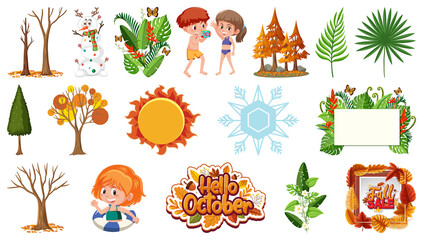 Set of four seasons trees and nature objects