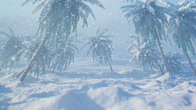 Global warming. Tropical palm trees in the deep blizzard snow. Sun is shining 4K