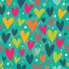 Fototapeta na wymiar Seamless pattern with bright hearts on a turquoise background.