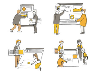 ウェブサイトやモバイルアプリのインターフェイスを作成するデザイナーのセット　手描きの人物イラスト