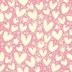 Romantic pattern with hearts and flowers on a pink background.